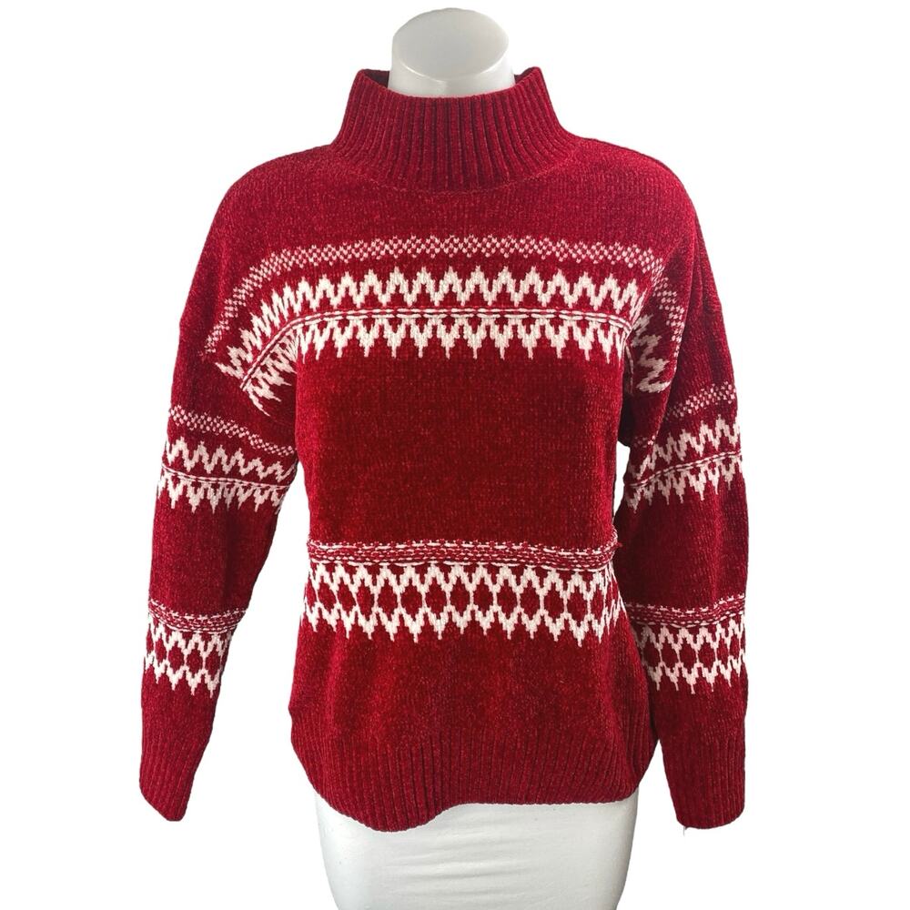 Christian Siriano Red White Fair Isle Christmas Long Sleeve Turtleneck Sweater M